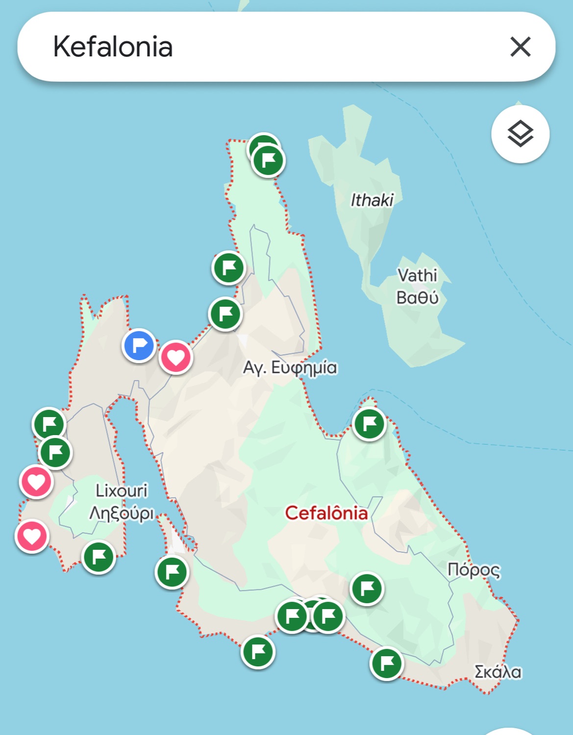 The map of Kefalonia, covered in saved pins