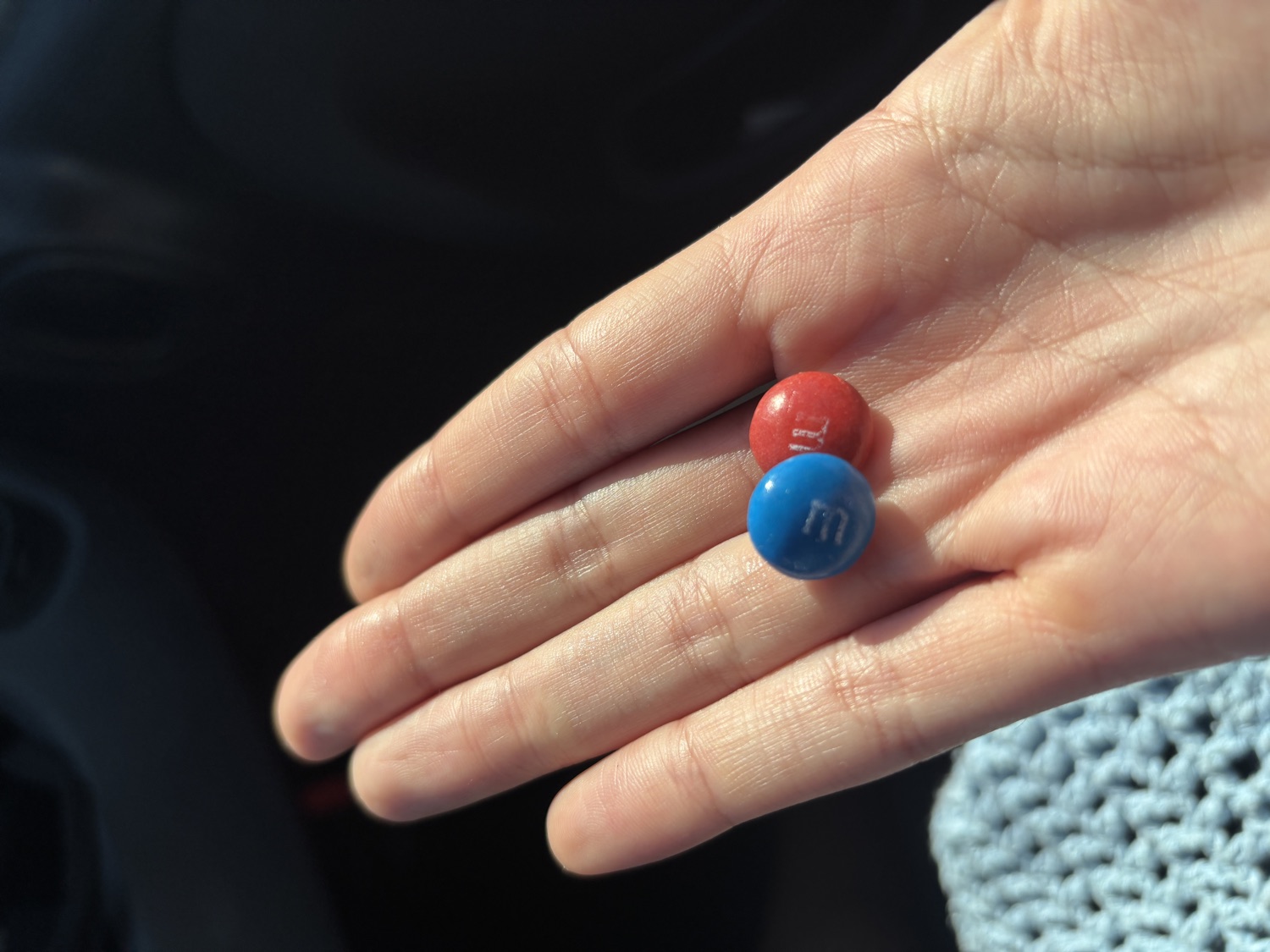 A blue M&M and a red M&M in a hand